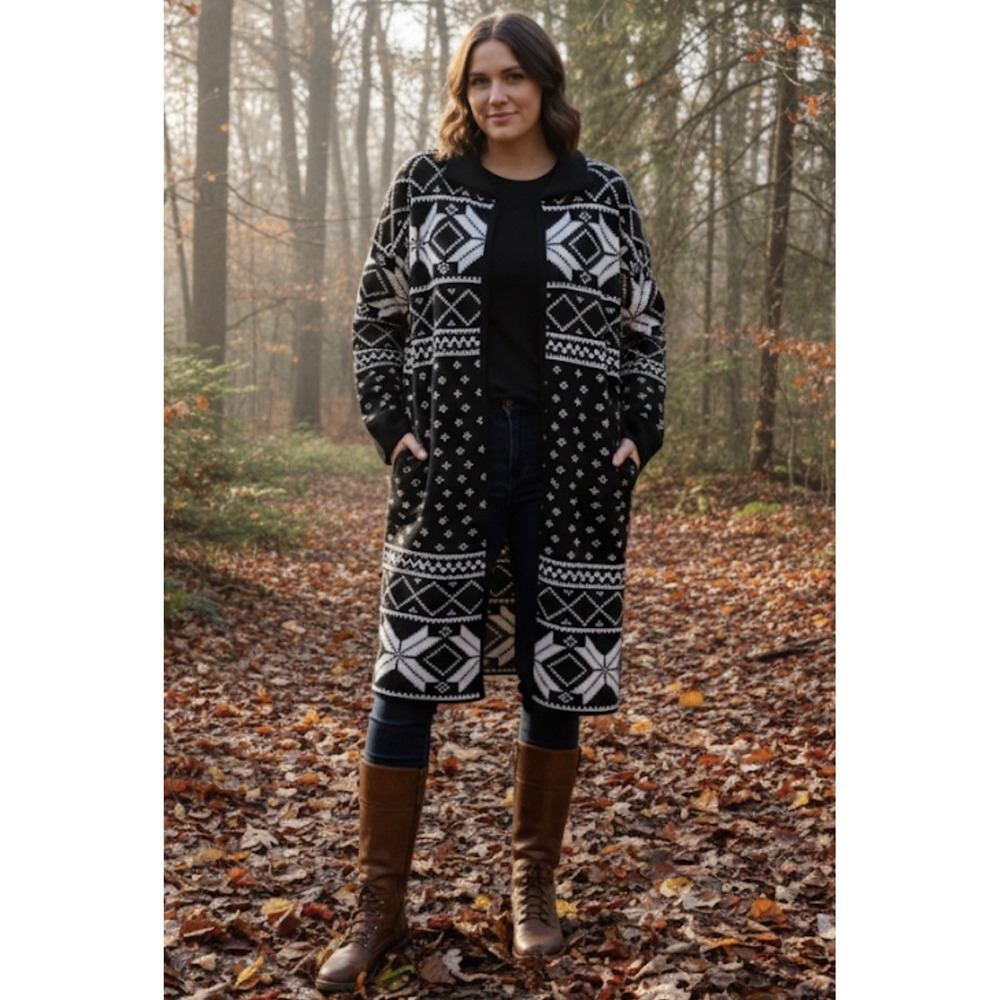 J. Peterman Long Cardigan Sweater Size Large Wool Blend Black White Longline
